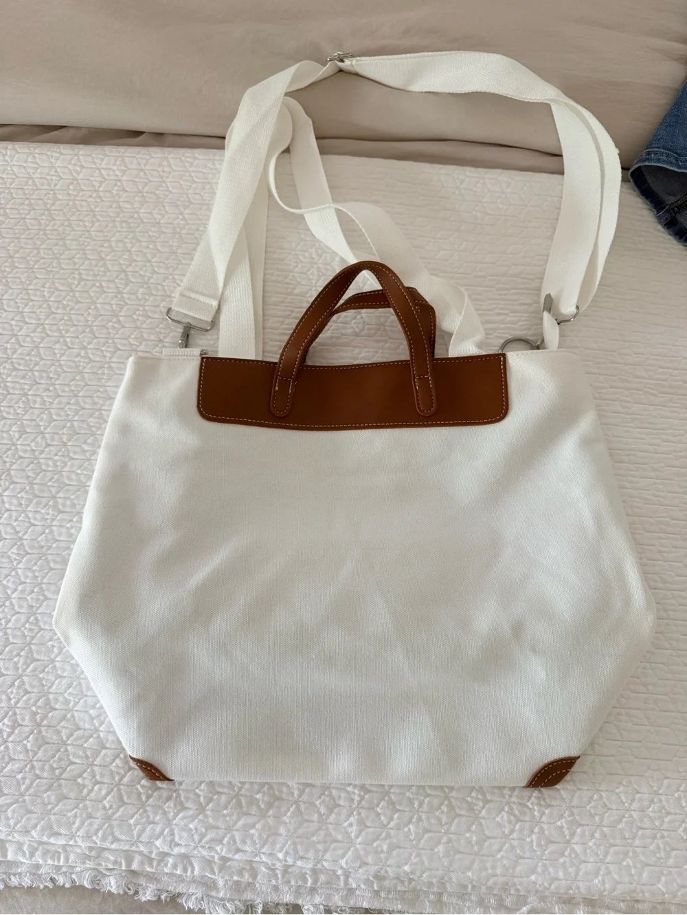 Sugarlips White Canvas Tote with Brown Trim and Black Logo